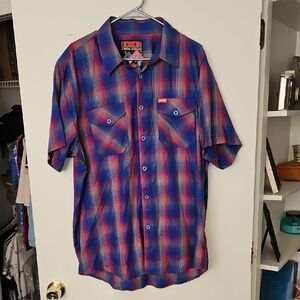 DIXXON Short-Sleeve Plaid Button-Down Shirt in Blue and Red